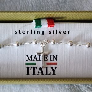 S925 Solid Sterling Silver Cross & beads stationary Charm Bracelet, 6.5+1", NEW!